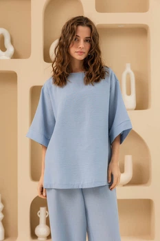 Футболка со льна жатки XXL-3XL. Голубой