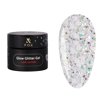 Глиттерный гель F.O.X Glow Glitter Gel Love Edition 011 нежная композиция белых сердечек. голографических шестиугольников и серебр