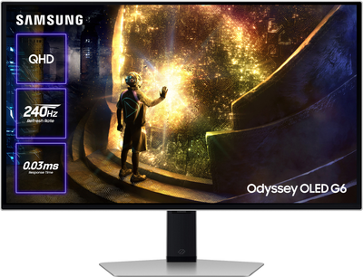 Монітор 27" Samsung Odyssey OLED G6 (LS27DG612SIXCI) Quantum Dot OLED QHD (2K) / 240Hz / 0.3 ms / 10-Bit / 99% DCI-P3 / G-Sync Compatible / FreeSync Premium Pro / DisplayHDR True Black 400