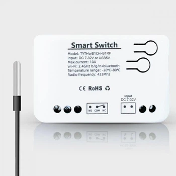 Одноканальне WiFi релe з сухим контактом та вологозахищеним датчиком температури Tuya (DC 7-32V)
