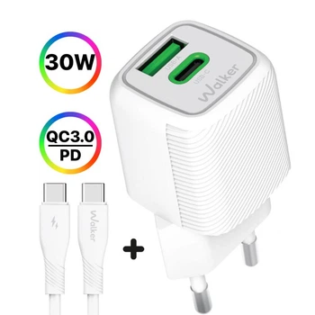 Зарядний пристрій GAN 30W з кабелем Type-C швидка зарядка для планшету телефону айфону мережевий потужний блок живлення 2в1 для IPhone IPad Apple адаптер живлення PD QC 3.0 зарядник юзб тайпсі WALKER зарядки для телефонів фітнес браслетів білий