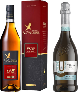 Коньяк Maison A. de Vacqueur Cognac VSOP витримка 5 років 0.7 л 40% у подарунковій упаковці + Вино ігристе Villa Ua Брют біле брют 0.75 л 10-13.5% (3760305860200+4820001727173_4820284960090)