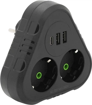 Мережевий розгалужувач Voltronic F203-Black трійник з заземленням 2 розетки + 2 USB + 1 Type-C, 2500W, 10A, 110-250V Max, Blister (YT38179)