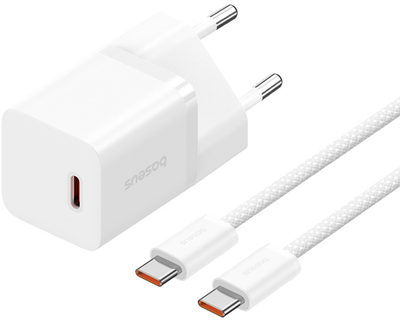 Ładowarka sieciowa Baseus GaN5 Fast Charger 1C 30W EU + Data Cable Type-C to Typ-C 100W Moon White (P10110902213-00)