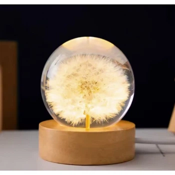 Настільний нічник з натуральною квіткою кульбабою Crystal Ball "Round Dandelion" у прозорій кулі