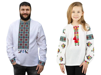 Семейные вышиванки для папы и дочки Орнамент с голубями льняные парные 48218020411 лен мужская (L)96-100 для девочки 110см белые (48215050411110)