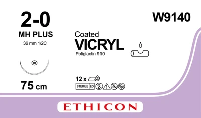 Викрил Ethicon LLC фиолетовый 75 см M3 USP2/0 одна игла MH Plus Тип колющий Taper Point 36 мм 1/2 круга (W9140) (30705031129126)