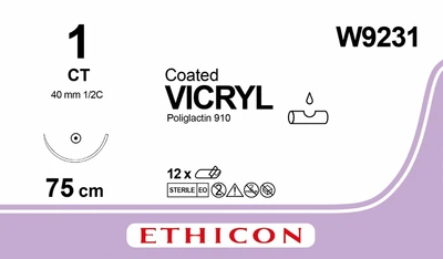 Викрил Ethicon LLC фиолетовый 75 см M4 USP1 одна игла CT Тип колющий Taper Point 40 мм 1/2 круга (W9231) (30705031129331)