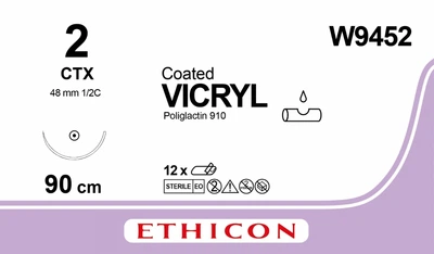 Вікрил Ethicon LLC фіолетовий 90 см M5 USP2 одна голка CTX Тип колюча Taper Point 48 мм 1/2 кола (W9452) (30705031129959)