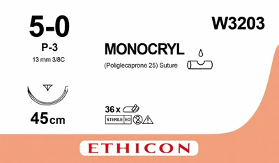 Монокрил неокрашенный Ethicon LLC 45 см M1 USP5/0 одна игла P-3 Prime Тип обратнорежущий Reverse Cutting 13 мм 3/8 круга (W3203) (30705031086627)