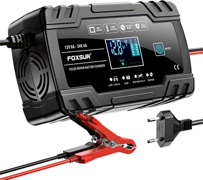 Інтелектуальний автоматичний зарядний пристрій для акумулятора Foxsur FBC122408D 12V-8A/24V-4A Foxsur, Чорний