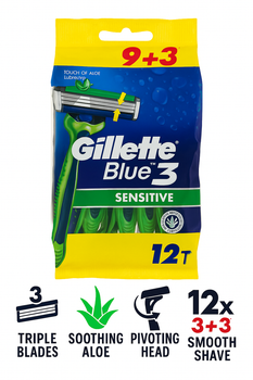 Одноразові станки Gillette Blue3 Sensitive 9+3 12 штук 3 леза з алое для чутливої шкіри