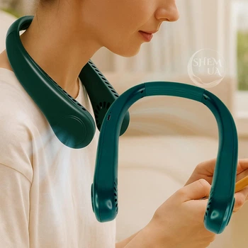 Вентилятор на шею беслопастный аккумуляторный Neck Fan, беспроводной персональный шейный вентилятор-охладитель с 3 режимами скоростей и USB зарядкой, портативный мини-вентилятор для охлаждения летом Зеленый VNX-55-Green