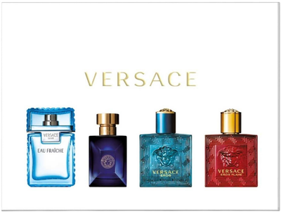 Zestaw miniaturek męskich Versace Miniatures Woda toaletowa Man Eau Fraiche 5 ml + Pour Homme Dylan Blue 5 ml + Eros 5 ml + Woda perfumowana Eros Flame 5 ml (8011003887866)