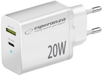 Мережевий зарядний пристрій Esperanza EZC105W USB-C 20W + USB-A 18W White (5901299960578)