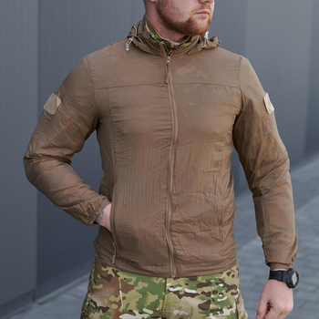 Літня Чоловіча Куртка Skin з прихованим капюшоном та липучками під шеврони / Легка Вітровка койот розмір L