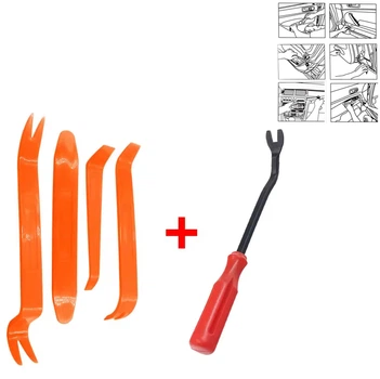 Знімачі для зняття панелі та молдинга автомобіля Removal Tools пластикові лопатки для розбирання обшивки салону машини / динаміків / дверей / магнітол + металевий знімач, 5 шт, помаранчеві (108659506)