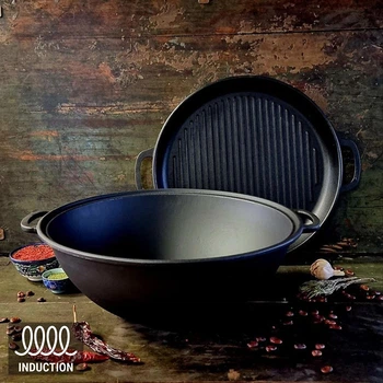 Казан Maysternya 12 л, Ø 40см чугунный WOK с крышкой-сковородой гриль. Вес 13,9кг (V12CPGr)