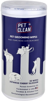 Серветки вологі Pet Clean PET GROOMING WIPES для грумінгу домашніх тварин, щоденне очищення з ароматом квітів японської вишні 50 шт (8939111098694)