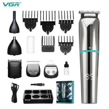 Аккумуляторный триммер VGR Silver 6в1 для бороды, волос, ушей, бровей с дисплеем, водонепроницаемый, насадки и подставка (V101)