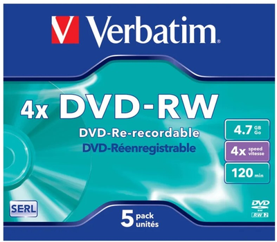 Dyski Verbatim DVD-RW 4.7 GB 4X Jewel Case Box 5 szt (VDRWB5-)