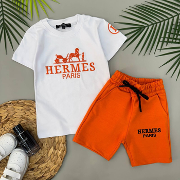 Детский костюм Hermes на мальчика (футболка+шорты) 122-128 см белый с оранжевым