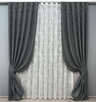 Комплект штор VR-Textil Жаккард Мрамор 100х270 2шт и Тюль 300х270 1123ш-1400т Графитовый с белым 71-003/1