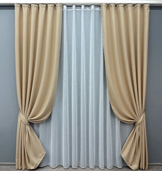 Комплект штор VR-Textil Лен Мешковина 150х270 2шт и Тюль 400х270 1162ш-115т Бежевый с белым 71-018/3