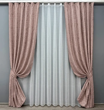 Комплект штор VR-Textil Лен Мрамор 150х270 2шт и Тюль 400х270 1716ш-1276т Пудровый с белым 71-012/3