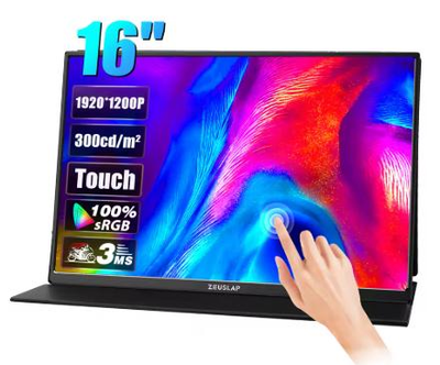 Портативный сенсорный монитор Zeuslap P16T ультратонкий 16" 1920 х 1200 IPS с чехлом, VESA 75x75