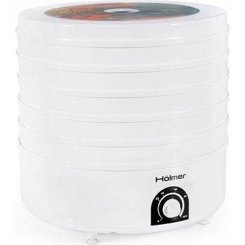 Сушарка овочів та фруктів Holmer HFD-51W White, 520W, керування механічне, 5 лотків, висота сушильного піддону 4см, діаметр 38см
