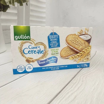 Печиво сендвіч цільнозернове з йогуртовим прошарком без цукру GULLON Cuor di Cereale, 220 г