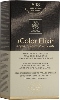 Farba do włosów Apivita My Color Elixir 6.18 Ciemny blond 50 ml + Utleniacz 75 ml + Odżywka 2x15 ml + Jednorazowe rękawiczki + Instrukcja (5201279077235)
