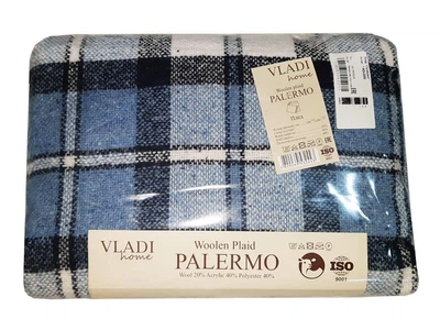 Плед шерстяной Vladi - Палермо №4 Crocus бело-сер.голубой-черный 140*200 полуторный