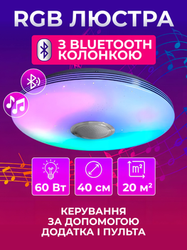 Люстра RGB с Bluetooth колонкой потолочная светодиодная лампа с пультом с RGB подсветкой и динамиком смарт люстра с будильником светомузыкой 60W Kayfovo LA - 83