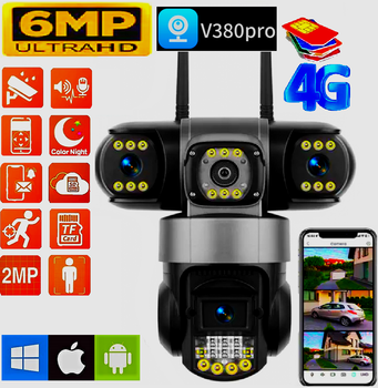 Вулична IP WI-FI камера відеоспостереження 3 незалежні об'єктиви 6MP (2MPx+2MPx2MP) поворотна S28 (V380 APP)
