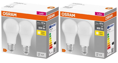 Набор светодиодных ламп OSRAM BASE A60 8.5W 806Lm 2700K E27 2 шт х 2 (4058075152663)