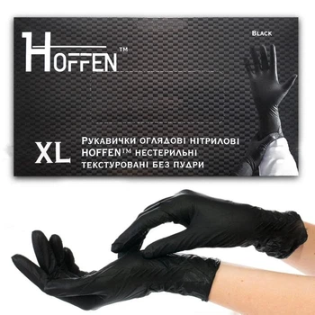 Нітрилові рукавички HOFFEN, чорні, розмір XL, 100 шт — одноразові, без пудри, нестерильні