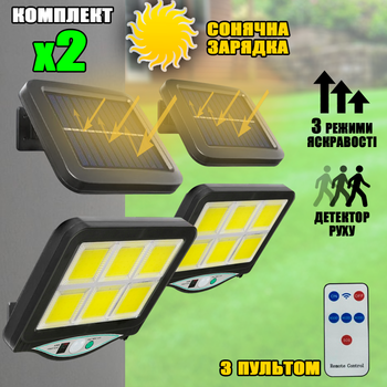 Комплект вуличний ліхтар на сонячній батареї 2шт Solors IP65 світильник з датчиком руху та пультом, вологозахищений