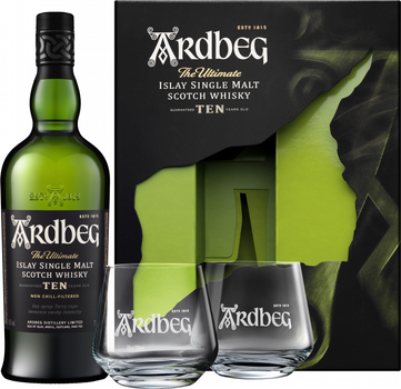 Віскі Ardbeg 10 років витримки 0.7 л 46% у подарунковій упаковці з 2-ми склянками (5010494195286A)