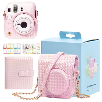 Чохол для фотокамери FujiFilm INSTAX MINI 12 + альбом на 64 фото + наклейки на фотоплівку, Рожевий