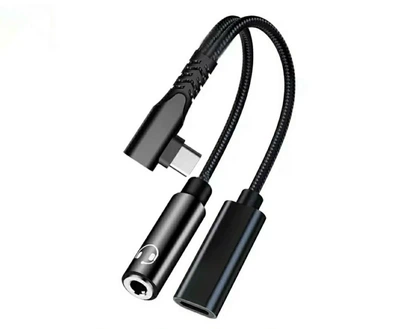 Переходник кутовой 2в1 Type-C - AUX 3.5 mm + Type-C для смартфонов Samsung \ Быстрая зарядка \ Черный