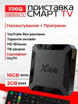Смарт тв приставка X96Q 2/16 + Настройка + Cертификат YouTV + Установка приложений для просмотра ТВ, Каталоги с фильмами и сериалами, YouTube без рекламы, Просмотр торрентов онлайн, Плееры. AndroidTV 4K Wi-Fi Allwinner H313
