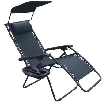Розкладне ергономічне крісло-шезлонг 177×64 ×110 см до 120 кг LEOBRO Zero Gravity Black з козирком підголовником та тримачем для відпочинку на природі пляжі в кемпінгу чи дачі Чорний