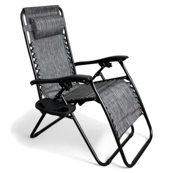 Раскладное кресло-шезлонг LEOBRO Zero Gravity Grey 173x64x110 см до 120 кг с подголовником и держателем для туризма отдыха на природе в кемпинге или даче Серый