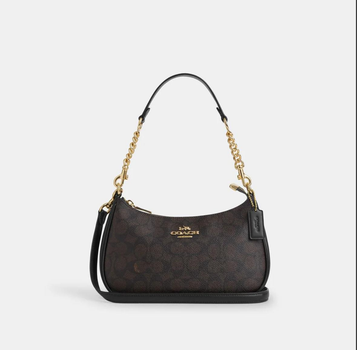 Женская сумка Coach Teri Shoulder Bag In Signature Canvas CV933 черно-коричневая