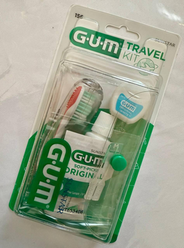 Дорожный набор Gum Travel Kit Original White (зубная паста отбеливающая + щетка + нить + 2йоршика) цвет щетки красный