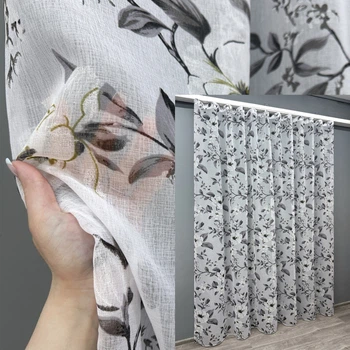 Тюль батист, коллекция "Flora". Цвет белый с серым принтом. Код 1681т