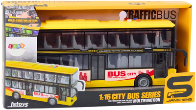 Autobus piętrowy Lean Toys z napędem frykcyjnym światłami i dźwiękami 1:16 Żółty (13596) (5905991022756)