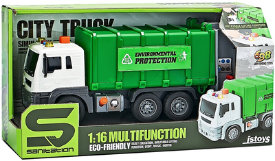 Śmieciarka Lean Toys z napędem frykcyjnym i efektami dźwiękowymi 1:16 Zielona (11080) (5905214973995)